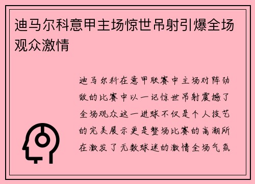 迪马尔科意甲主场惊世吊射引爆全场观众激情